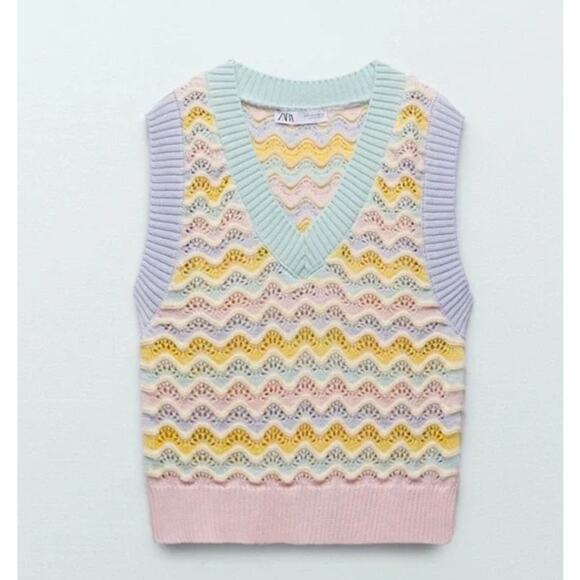 Zara Sweater Vest Womens S Crochet Embroidered Knit Sleeveless Pastel Stripe - Picture 1 of 9